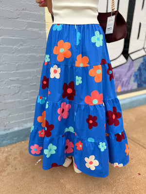 Easel Blue Floral Tiered Maxi Skirt
