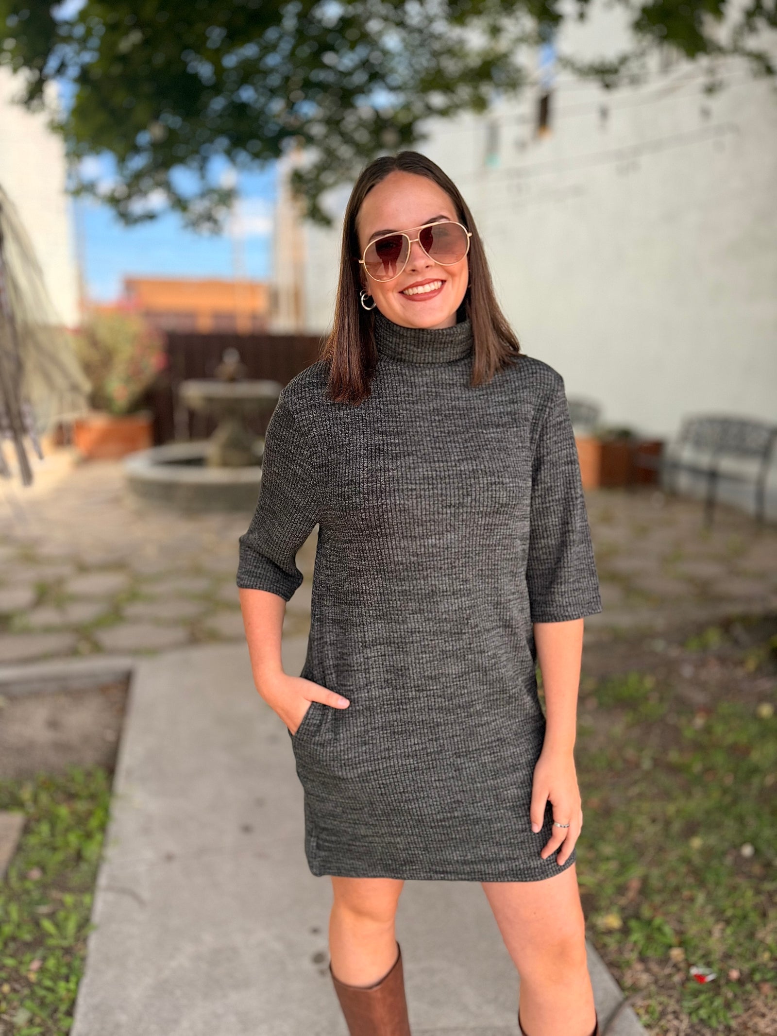 Black Half Sleeve Turtleneck Knit Dress