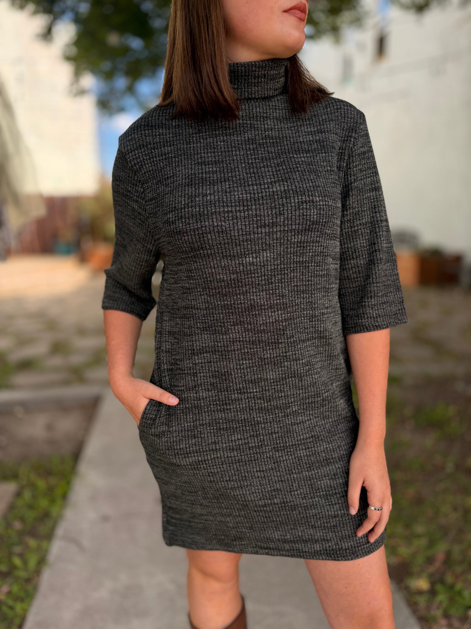 Black Half Sleeve Turtleneck Knit Dress