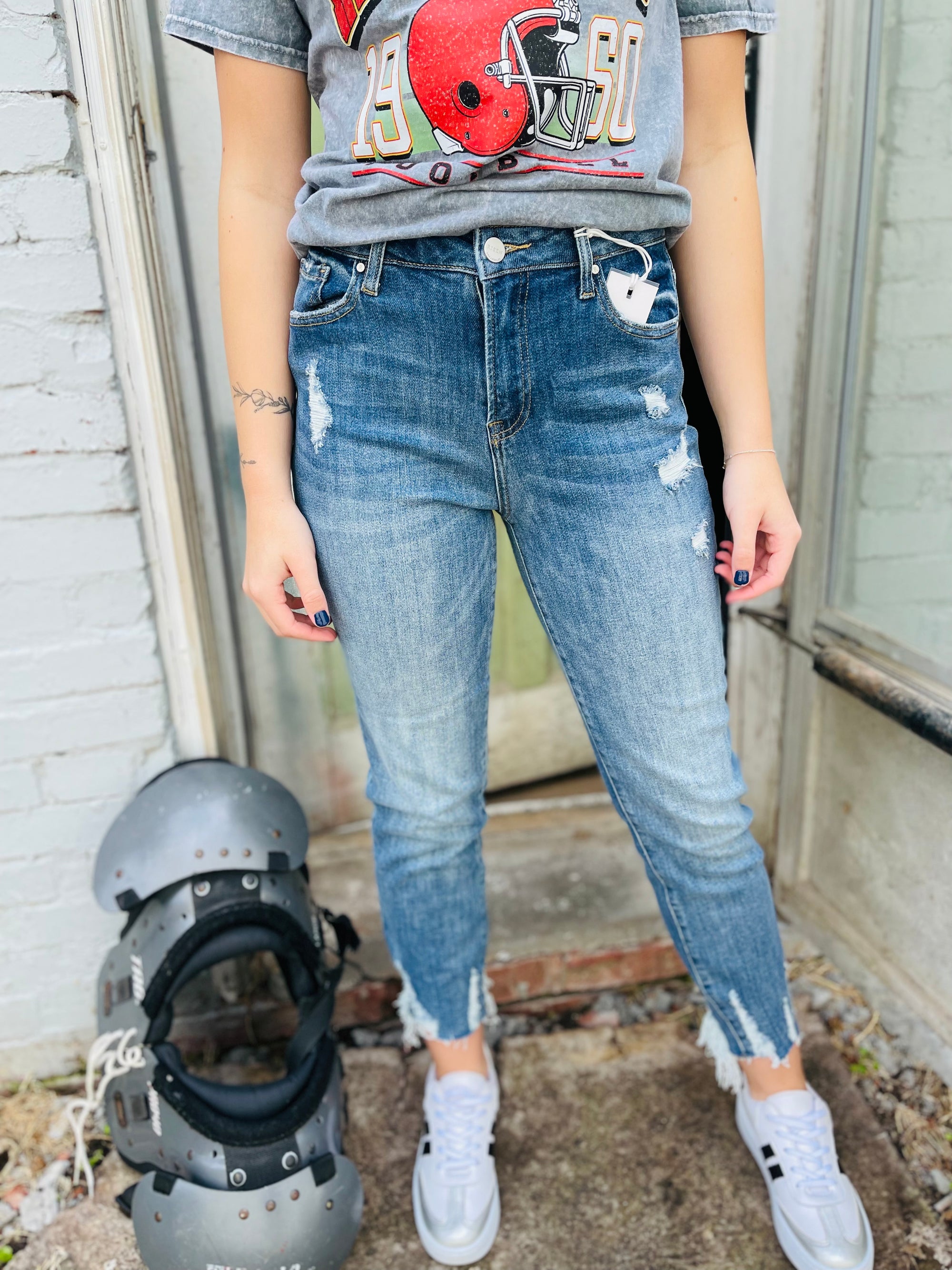 Risen Medium Wash High Rise Cropped Boyfriend Jean W/ Distressed Hem