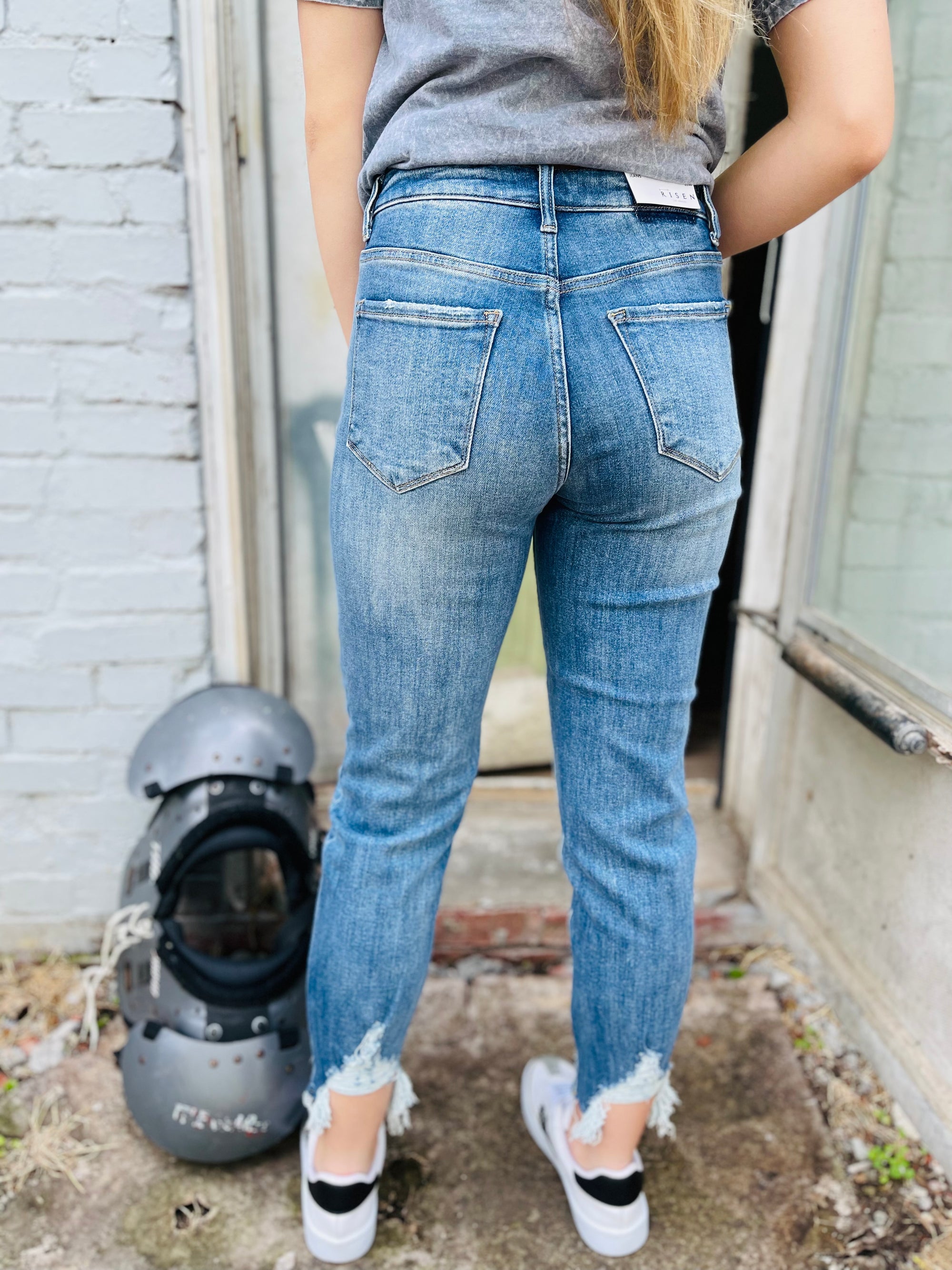 Risen Medium Wash High Rise Cropped Boyfriend Jean W/ Distressed Hem