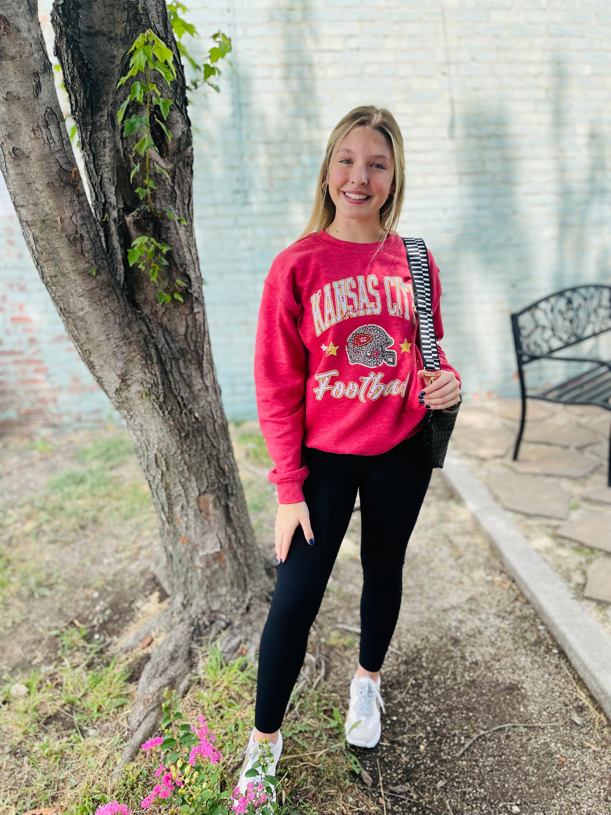 Vintage Red Kansas Chiefs Cheetah Helmet Crew Sweatshirt