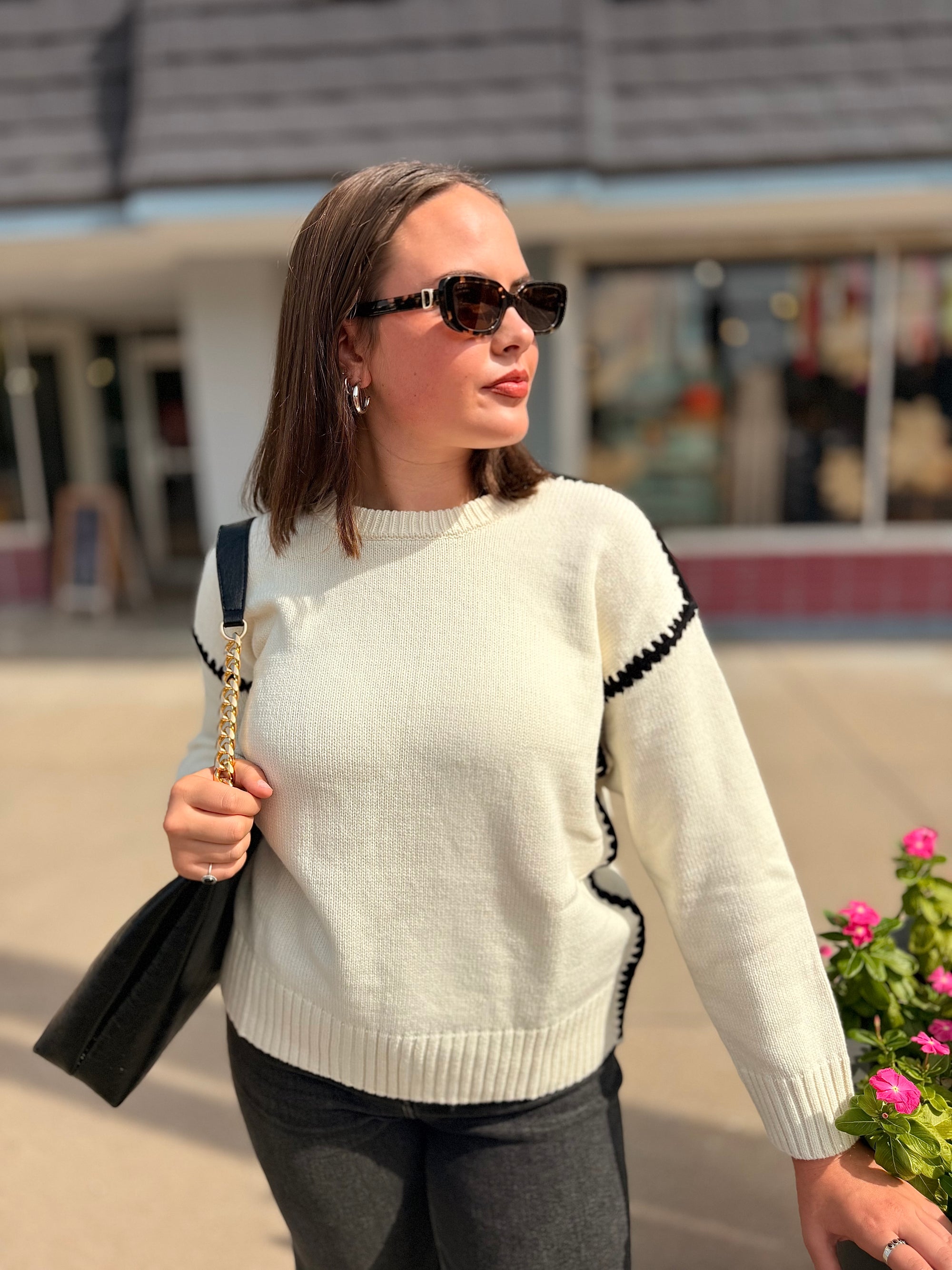 Cream Knit Sweater w/ Black Contrast Stitching