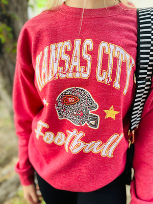 Vintage Red Kansas Chiefs Cheetah Helmet Crew Sweatshirt