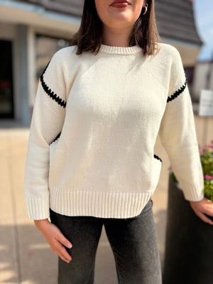Cream Knit Sweater w/ Black Contrast Stitching