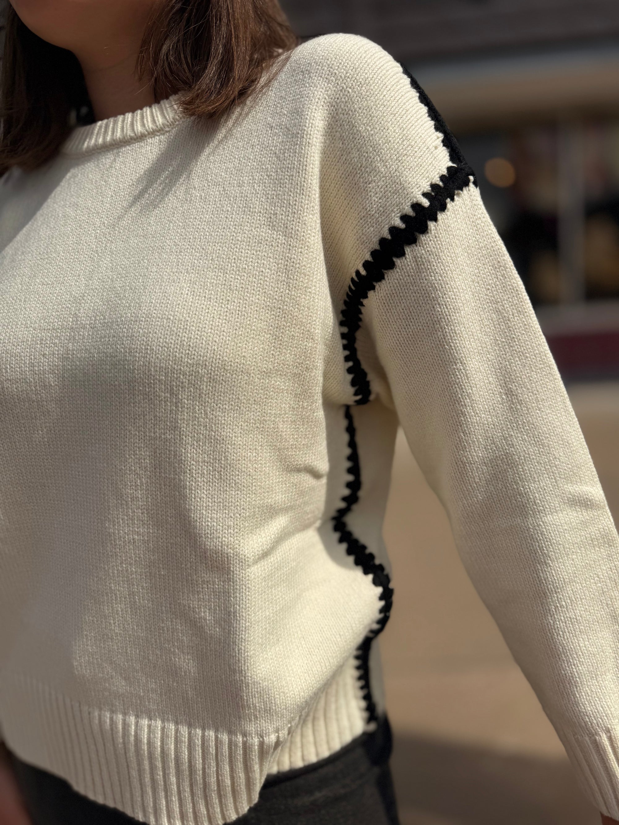 Cream Knit Sweater w/ Black Contrast Stitching