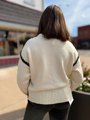 Cream Knit Sweater w/ Black Contrast Stitching