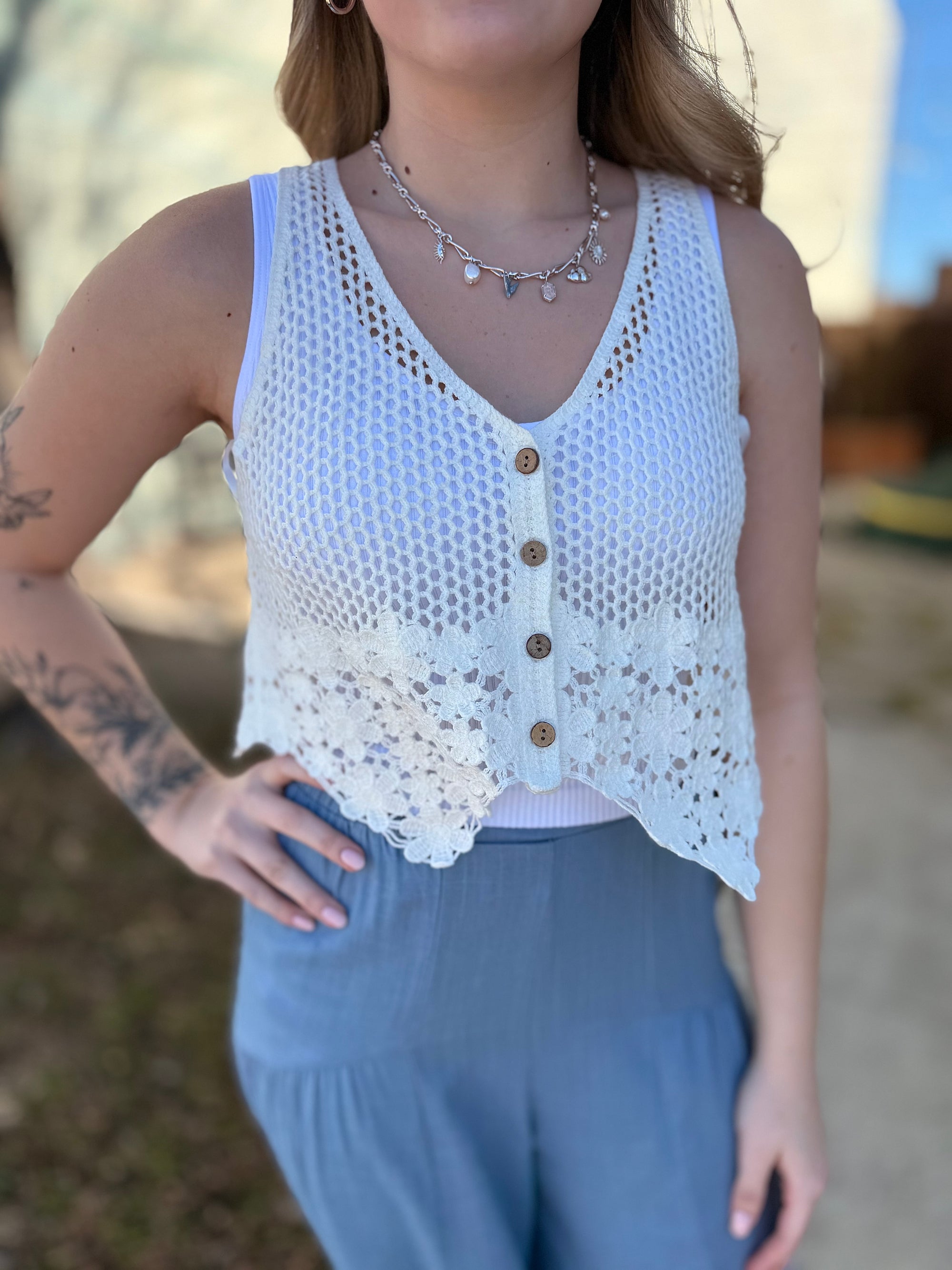 Ivory Cropped Button Up Crochet Vest