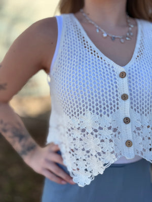 Ivory Cropped Button Up Crochet Vest