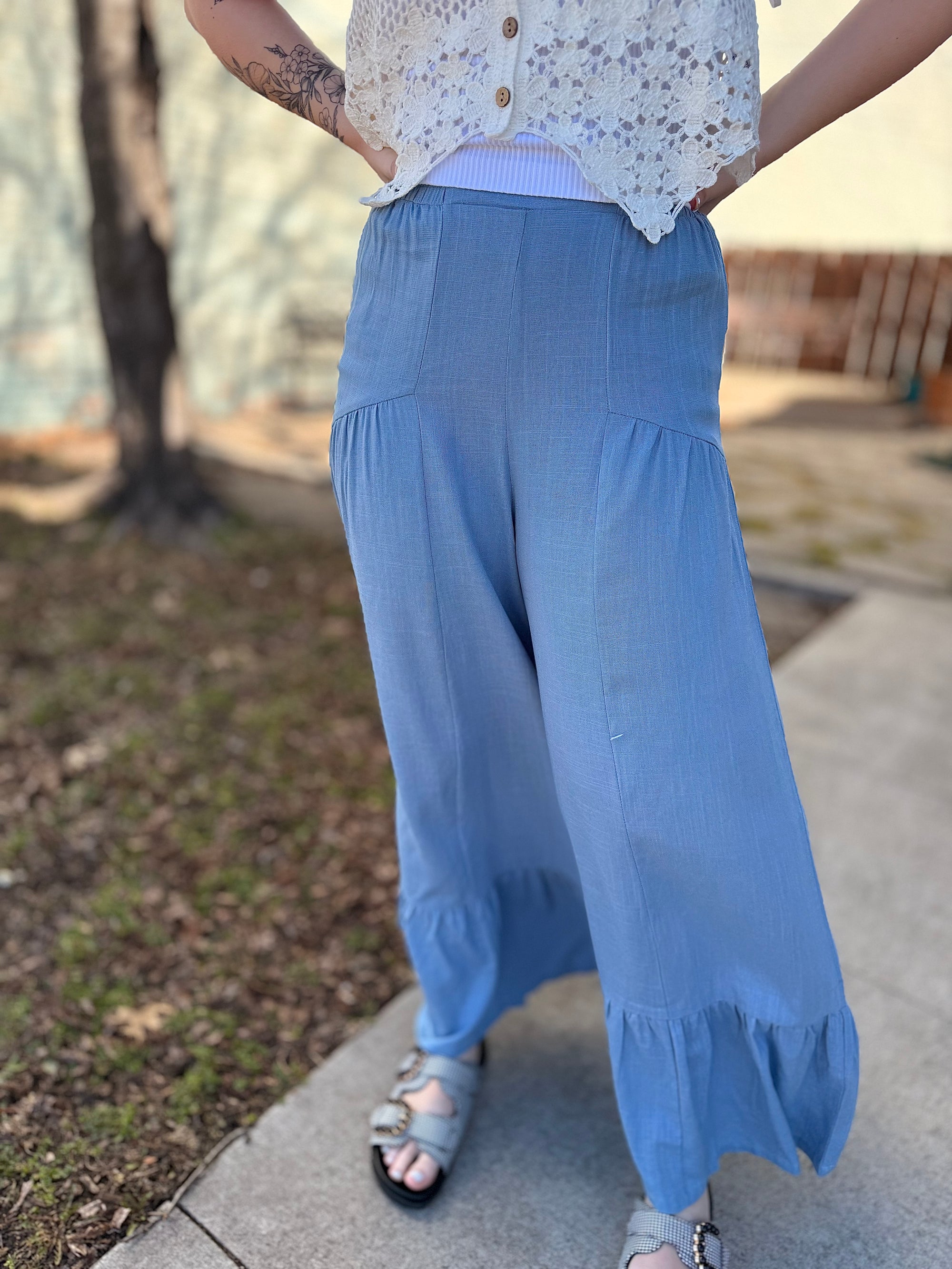 Dusty Blue Linen Pant w/ Ruffle Hem