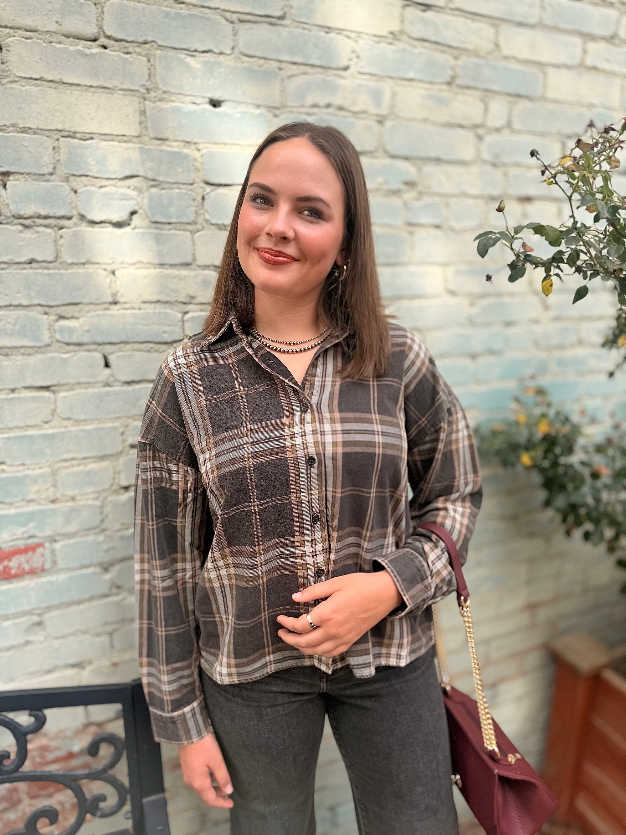 Black Mix Boxy Plaid Button Up Top