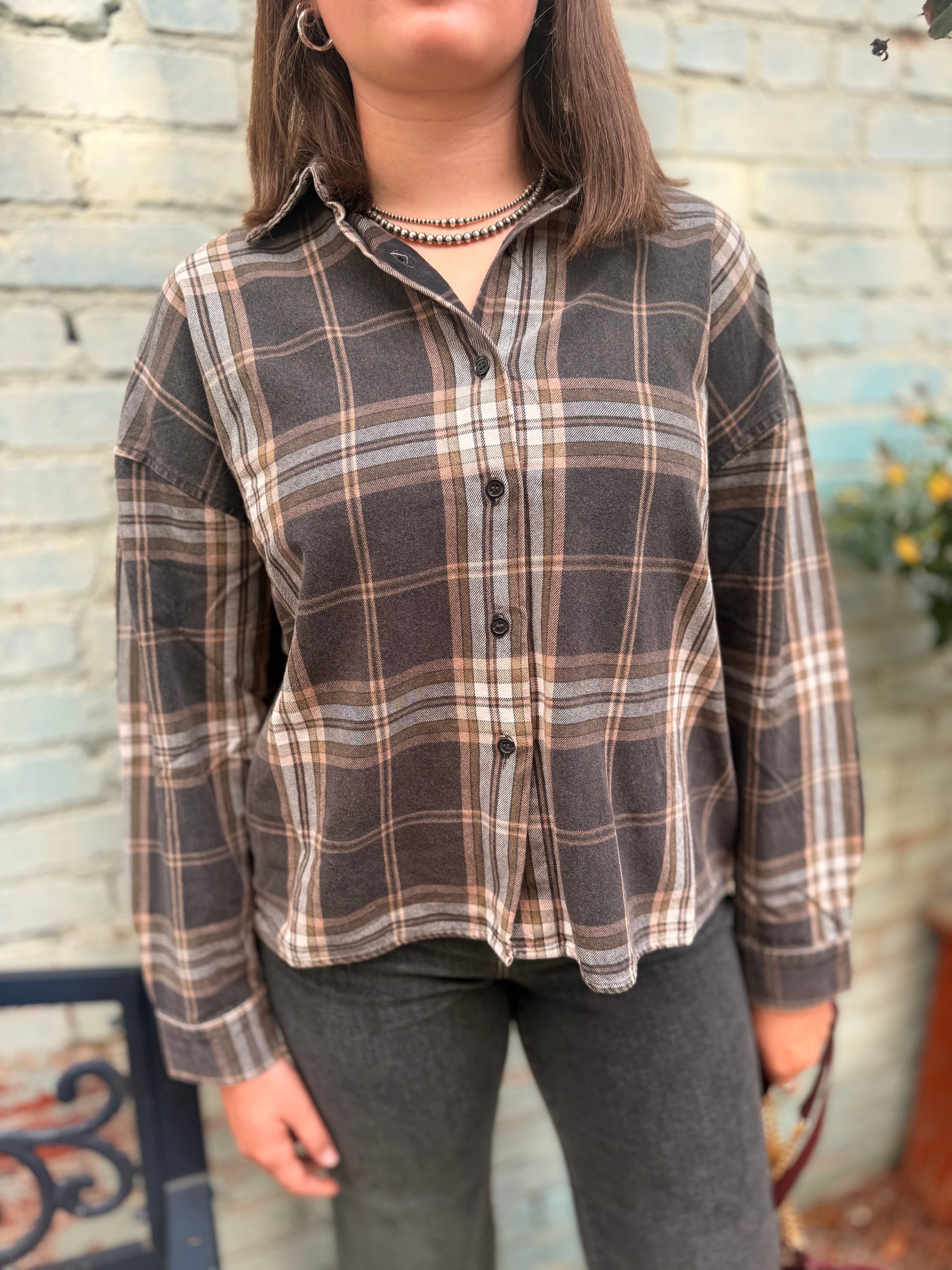 Black Mix Boxy Plaid Button Up Top