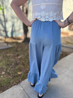 Dusty Blue Linen Pant w/ Ruffle Hem