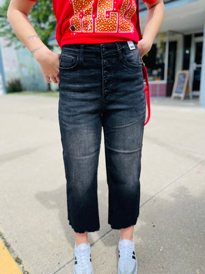 Judy Blue Black Cropped Straight Raw Hem Button Fly Jean