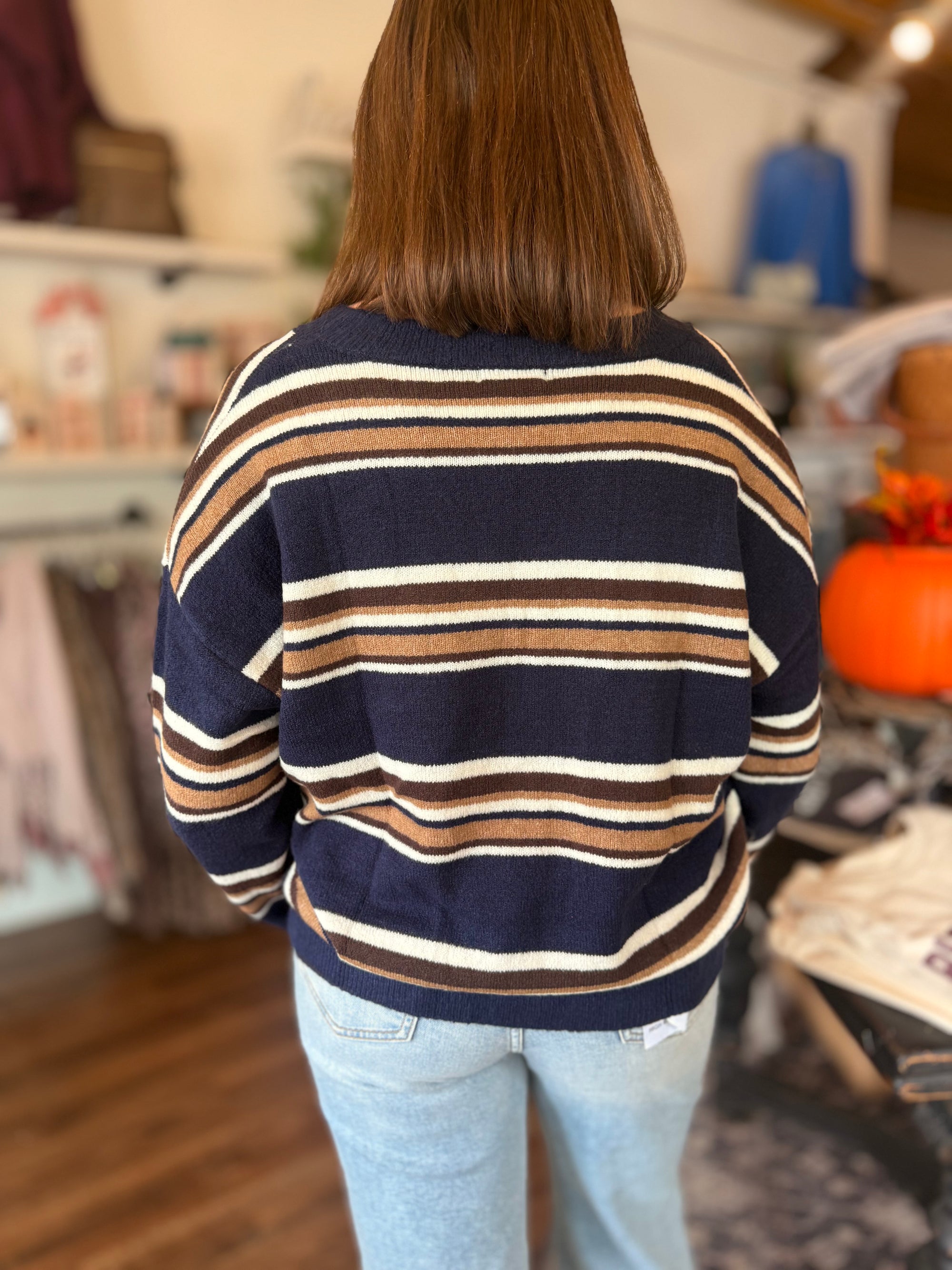 Navy Multi Color Stripe V-Neck Sweater