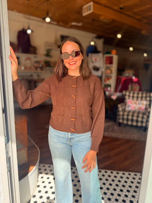 Brown Checkered Toggle Button Cardigan