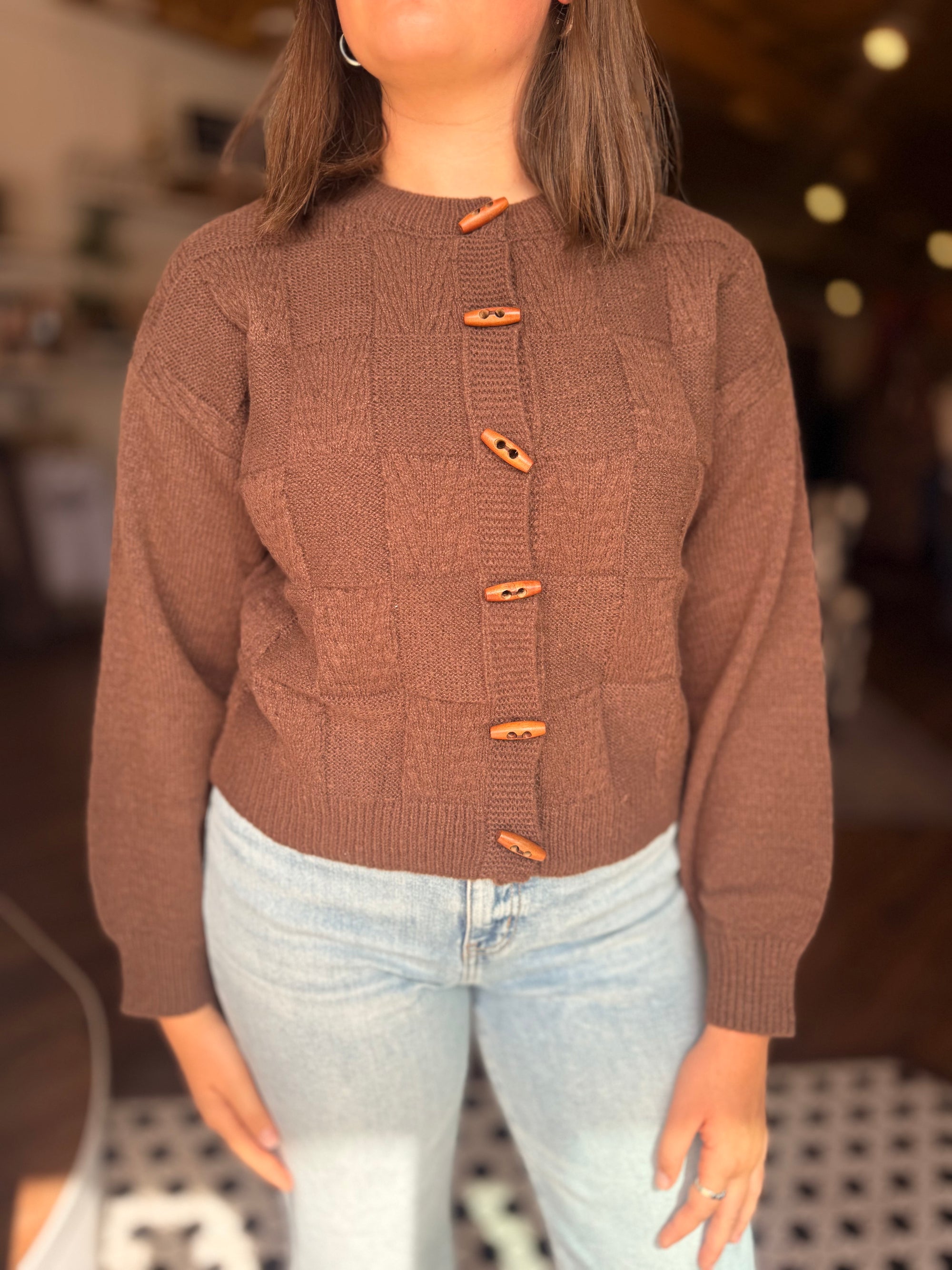 Brown Checkered Toggle Button Cardigan
