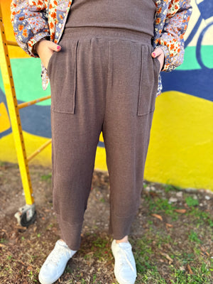 Mono B Brown Waffle Knit Tulip-Cuff Jogger Bottoms