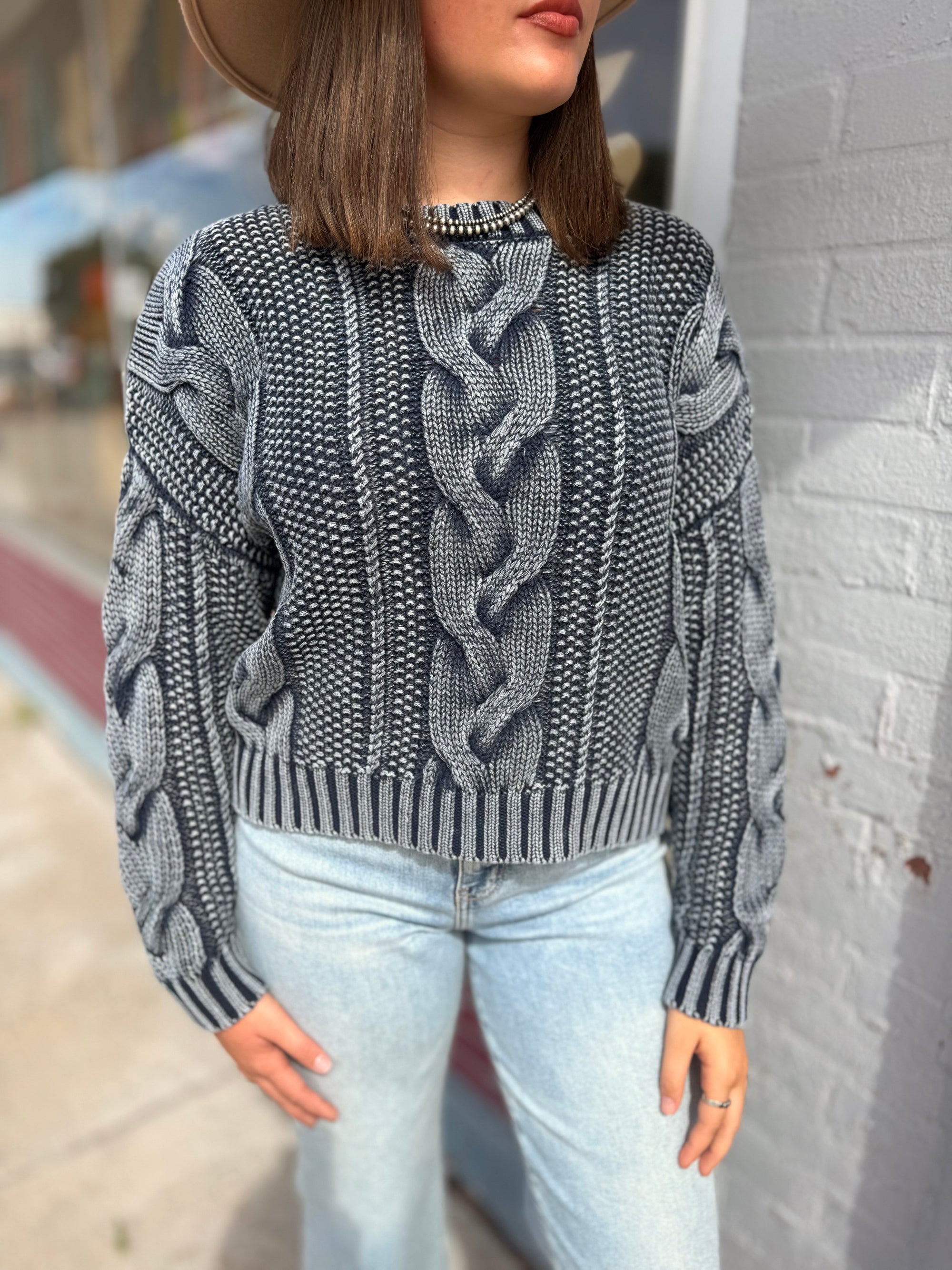 Navy Washed Cable Knit Sweater