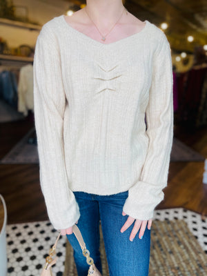V-Neck Ribbed Pullover Knit Sweater - Champagne