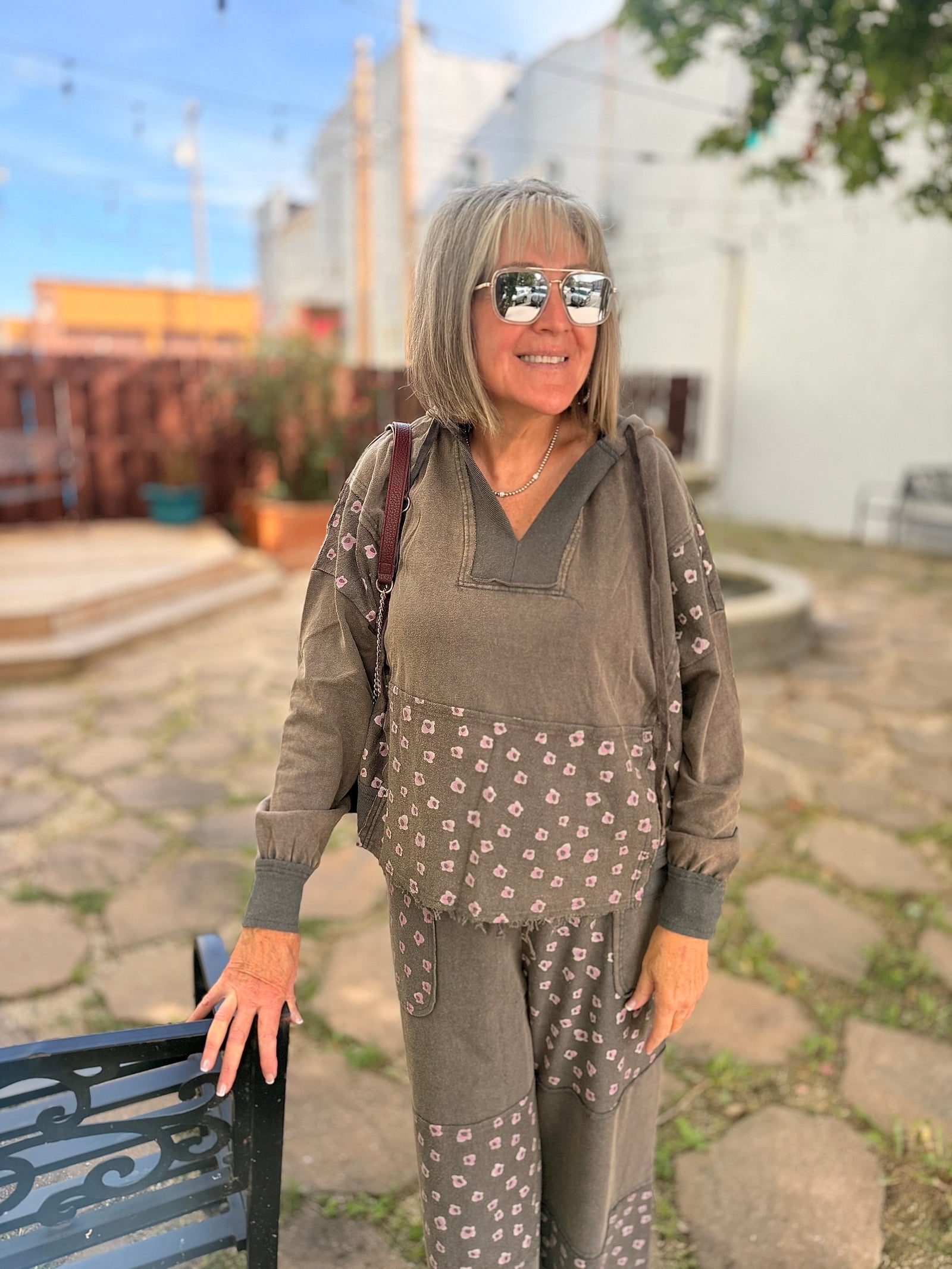 Easel Ash Flower Print Terry Knit Pullover