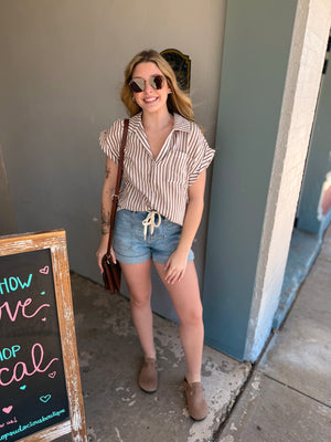 Brown Stripe Short Sleeve Cotton Blouse