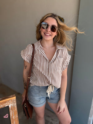 Brown Stripe Short Sleeve Cotton Blouse