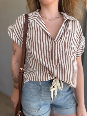 Brown Stripe Short Sleeve Cotton Blouse