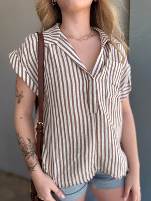 Brown Stripe Short Sleeve Cotton Blouse