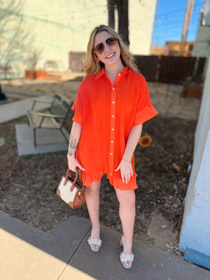 Orange Pleated Button Down Dress w/ Ruffle Sleeve