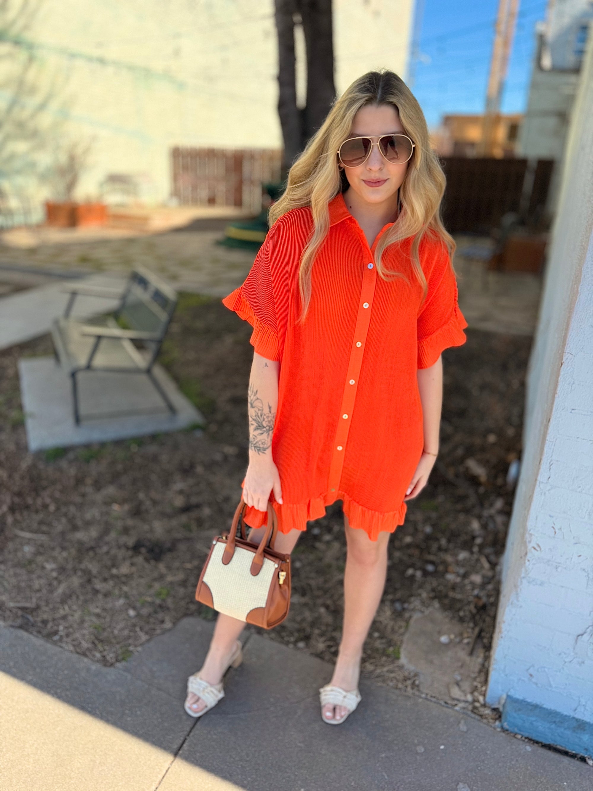 Orange Pleated Button Down Dress w/ Ruffle Sleeve