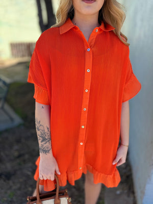 Orange Pleated Button Down Dress w/ Ruffle Sleeve