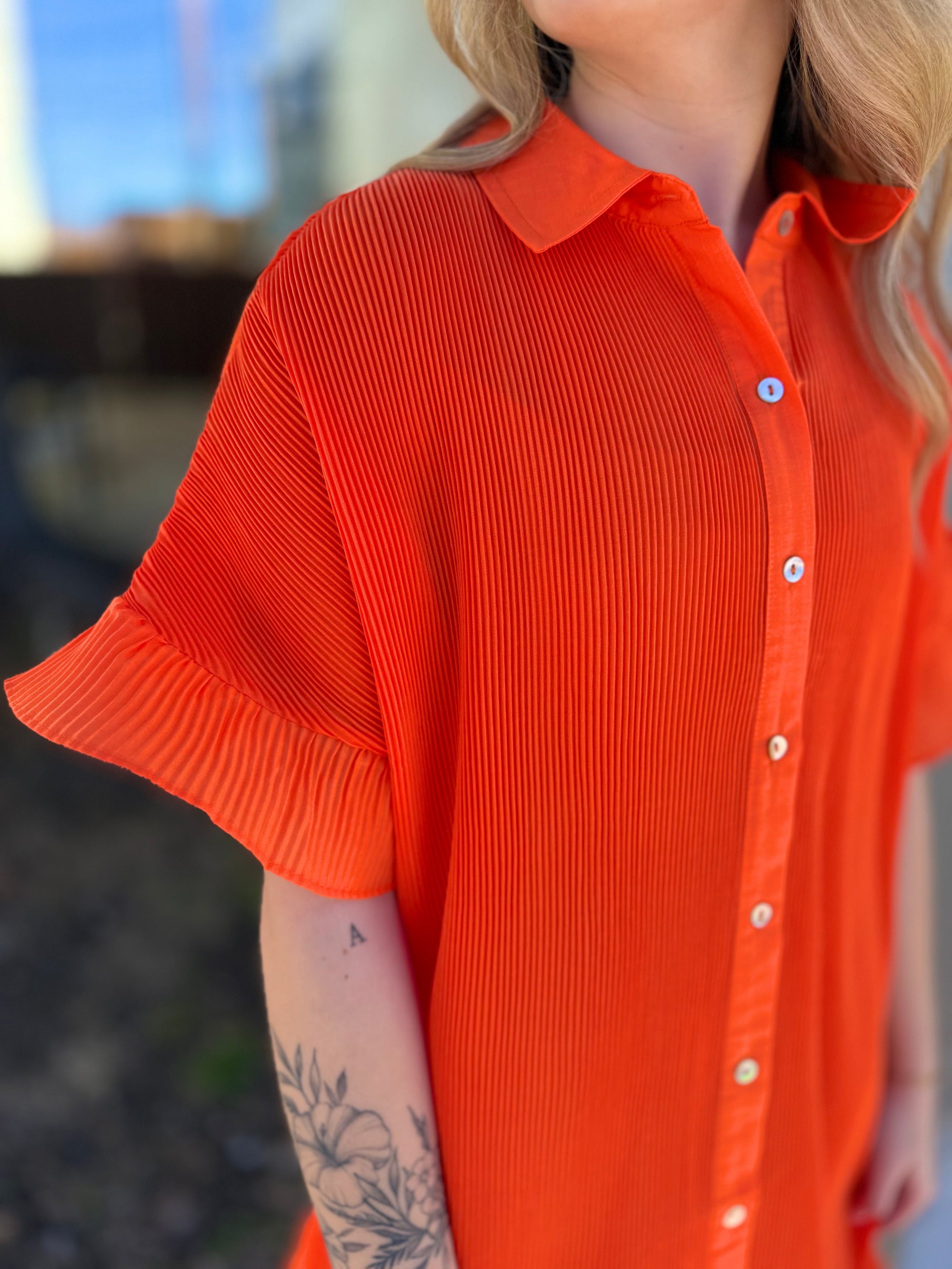 Orange Pleated Button Down Dress w/ Ruffle Sleeve