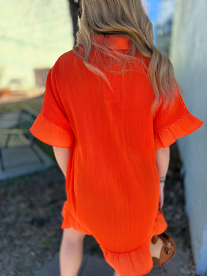 Orange Pleated Button Down Dress w/ Ruffle Sleeve