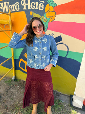 Listicle Denim Round Neck Embroidered Jacket