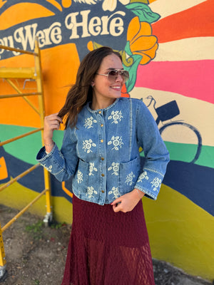 Listicle Denim Round Neck Embroidered Jacket