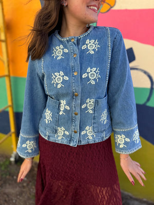 Listicle Denim Round Neck Embroidered Jacket