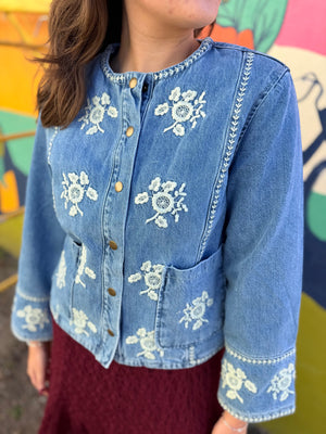 Listicle Denim Round Neck Embroidered Jacket