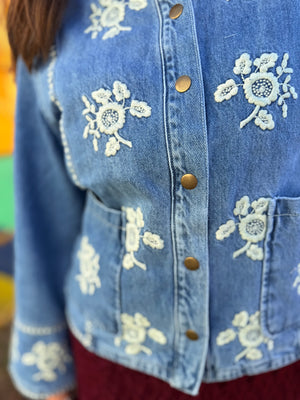 Listicle Denim Round Neck Embroidered Jacket