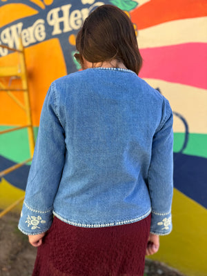 Listicle Denim Round Neck Embroidered Jacket