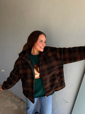 Blu Pepper Brown Plaid Sherpa Zip Up Jacket