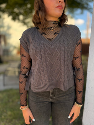 Grey Cable Knit Side Tie Sweater Vest