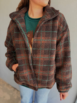 Blu Pepper Brown Plaid Sherpa Zip Up Jacket