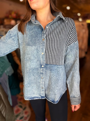Very J Indigo Mixed Media Patchwork Shacket