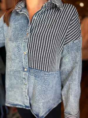 Very J Indigo Mixed Media Patchwork Shacket