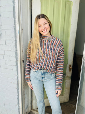 Cool Tone Multi Color Striped Crew Sweater