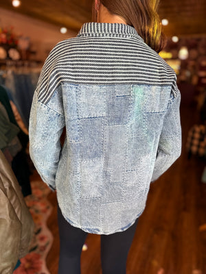 Very J Indigo Mixed Media Patchwork Shacket