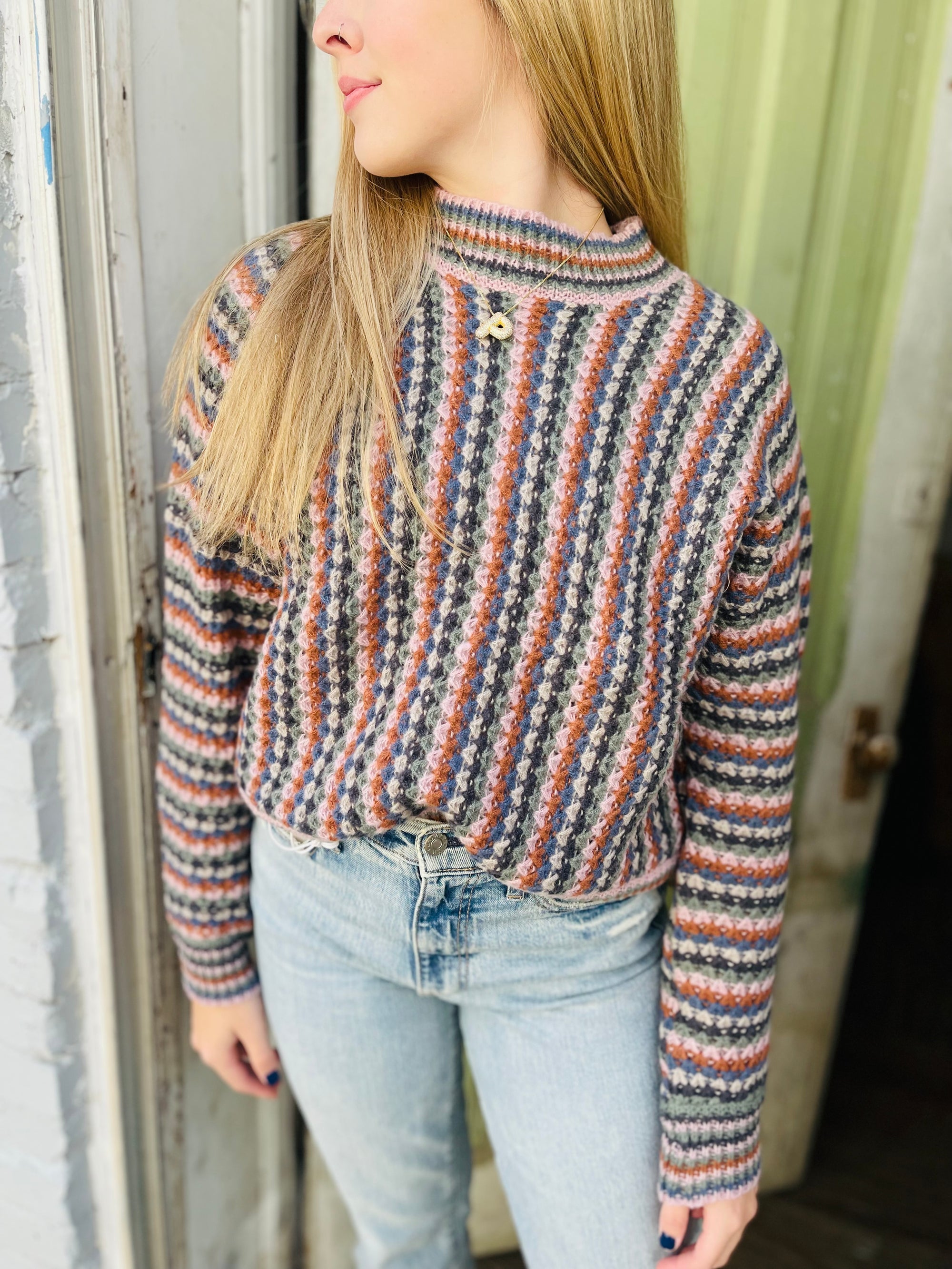 Cool Tone Multi Color Striped Crew Sweater