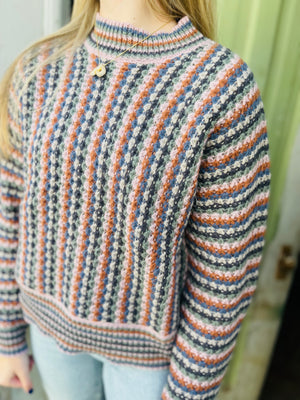 Cool Tone Multi Color Striped Crew Sweater