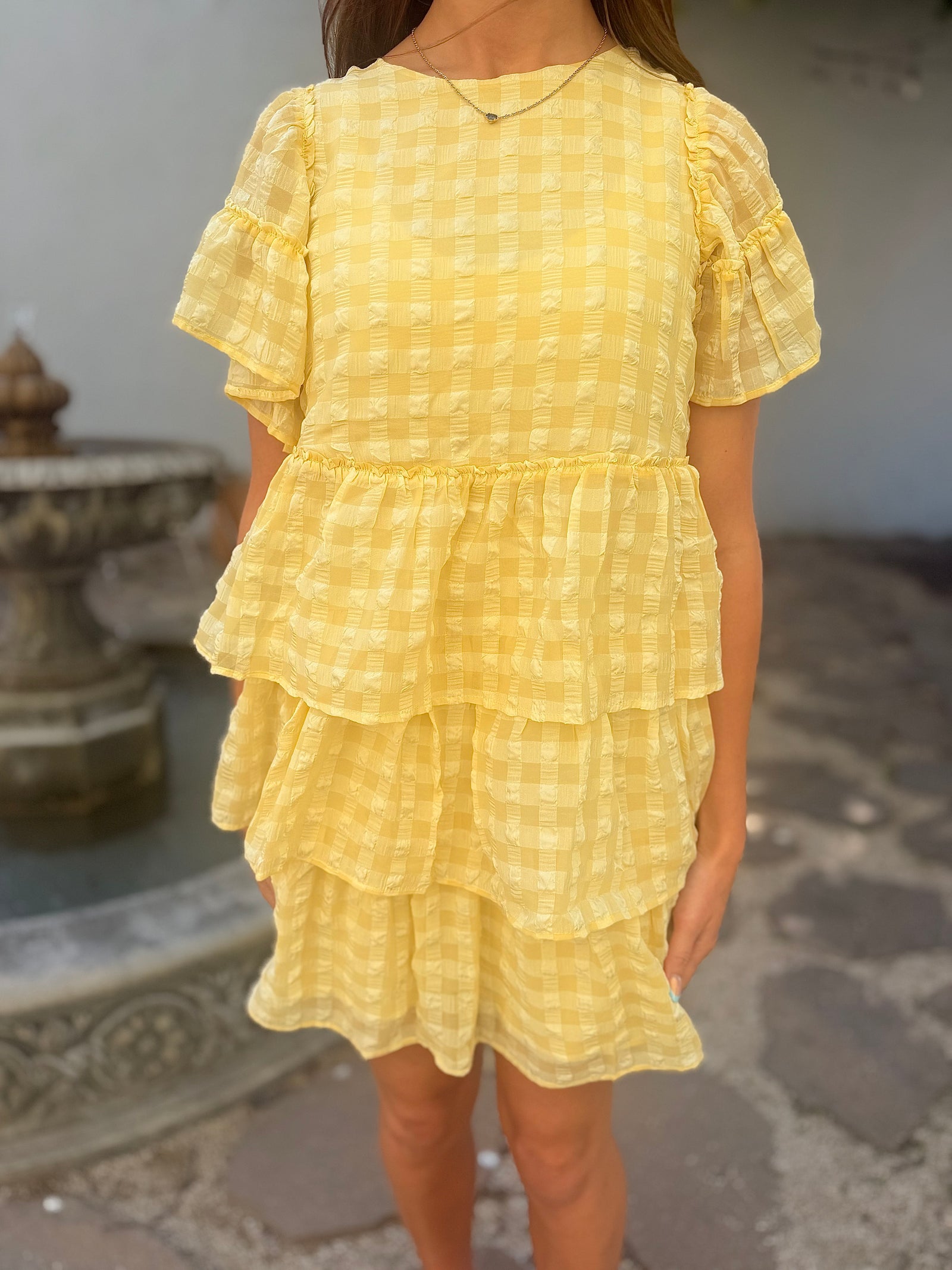 Doe & Rae Yellow Chiffon Seersucker Gingham Tiered Dress
